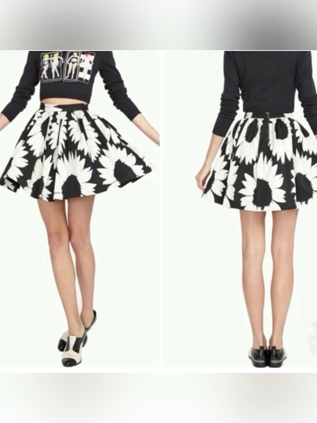 Alice + Olivia Black And White Floral Pouf Skater Skirt